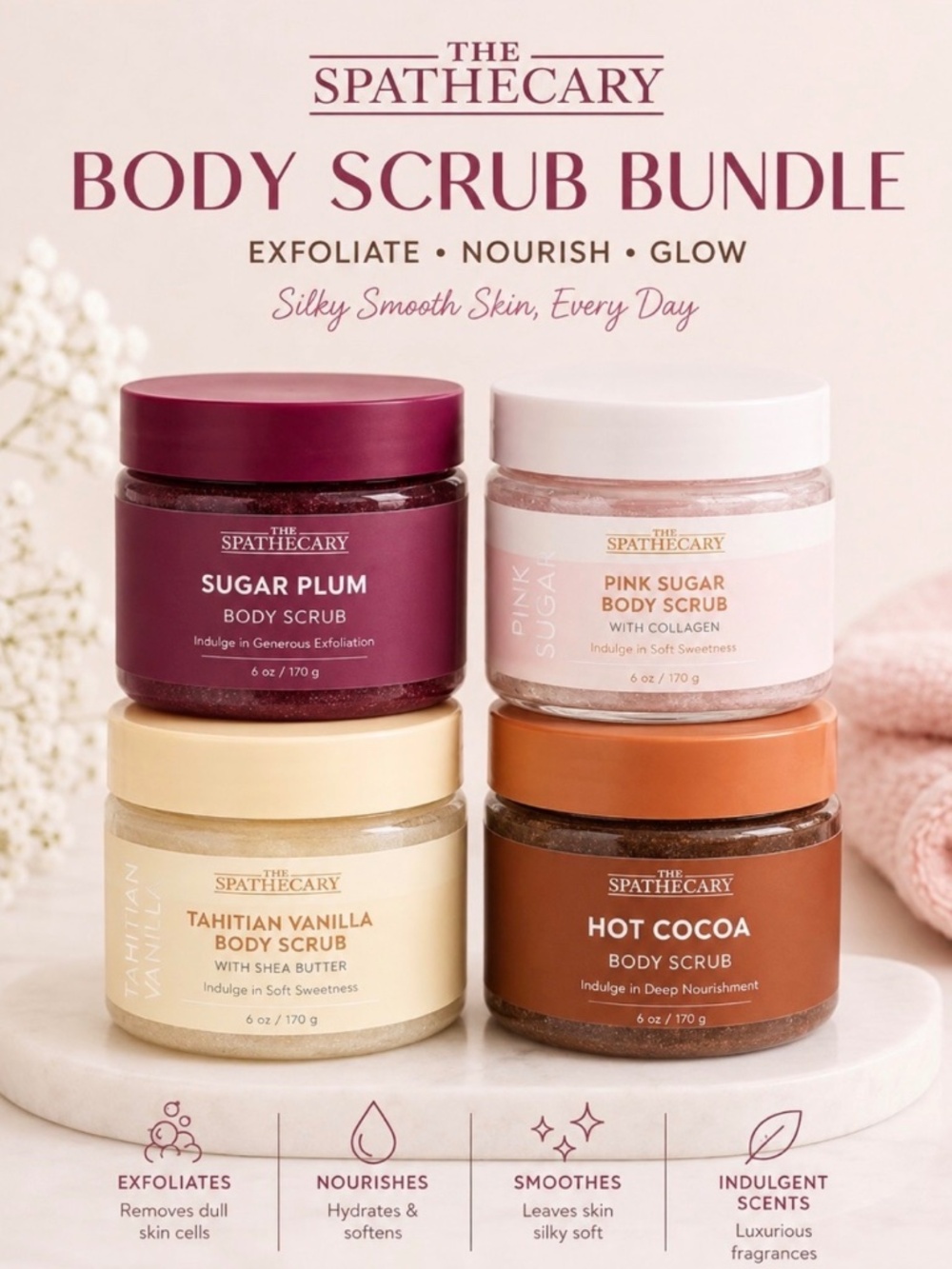 The Spathecary Body Scrub Bundle Sugar Plum Pink Sugar Vanilla Cocoa pc